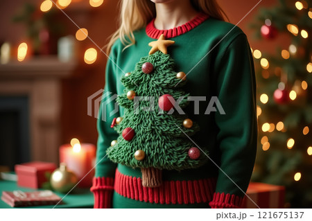 Young caucasian female in festive christmas sweater with tree design and holiday decor. AI generation 121675137