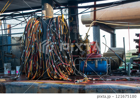 Old rusty barge ladder moored in New York City 121675180