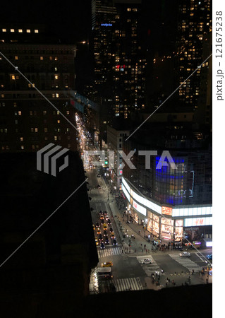 Building facades with windows at night, modern architecture, cityscape scenery, New York City, Manhattan, NYC, NY, USA 121675238