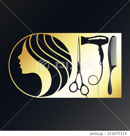 Golden silhouette of a girl and scissors, comb, hair dryer 121675314