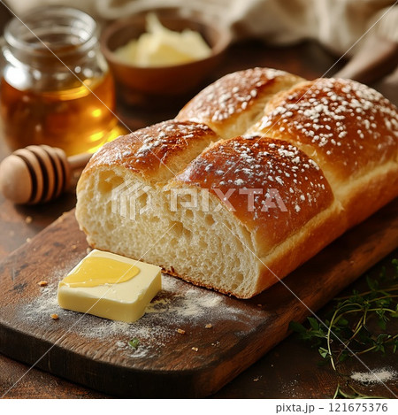 Fresh bread on a wooden board next to fresh butter and honey 121675376