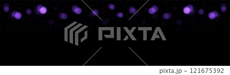 vector horizontal banner many violet, lilac, violet bokeh circles, golden particle on black background. Light circular design along the top edge of the banner. Background with copy space. 121675392