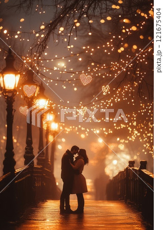 Couple in love kissing on a bridge, street lamps decorated with garlands of hearts 121675404