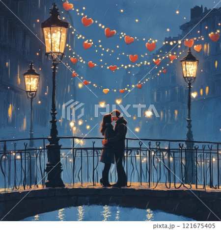 Couple in love kissing on a bridge, street lamps decorated with garlands of hearts 121675405
