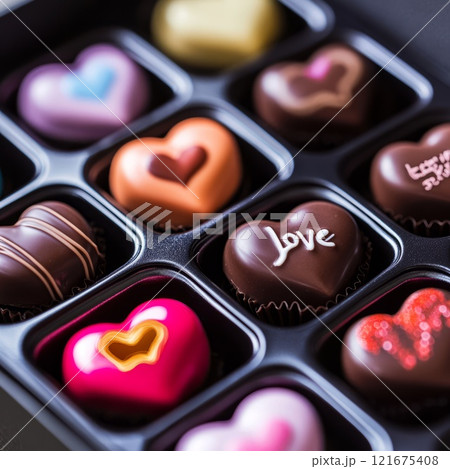 Close-up of a box with colorful heart-shaped chocolates and messages like 'Love' 121675408