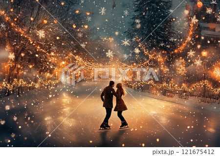 Couple skating surrounded by snowflakes and heart-shaped garlands Couple skating surrounded by snowflakes and heart-shaped garlands 121675412