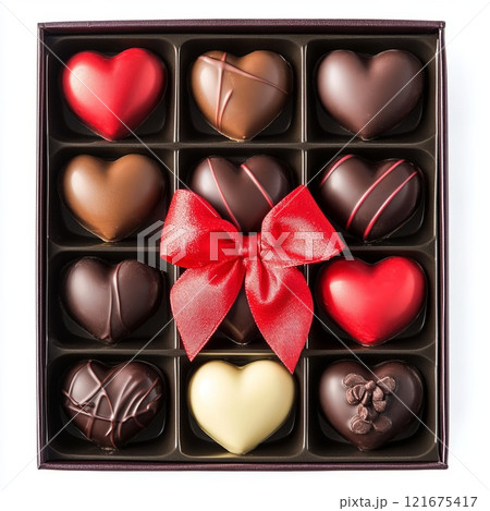 Close-up of a box with colorful heart-shaped chocolates 121675417