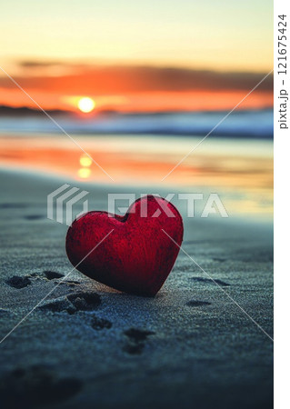 Lonely heart on the sand by the sea, against the backdrop of sunset, Valentine's Day 121675424
