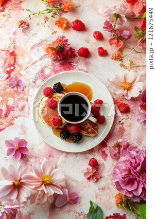 A plate of fluffy pancakes drizzled with syrup, surrounded by fresh berries and a cup of coffee A plate of fluffy pancakes drizzled with syrup, surrounded by fresh berries and a cup of coffee 121675449