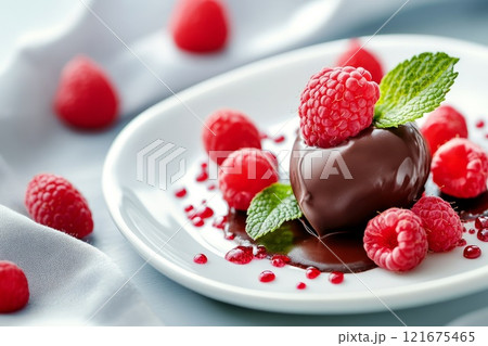 molten chocolate fondant garnished with fresh raspberries and mint leaves molten chocolate fondant garnished with fresh raspberries and mint leaves 121675465