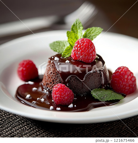 molten chocolate fondant garnished with fresh raspberries and mint leaves 121675466