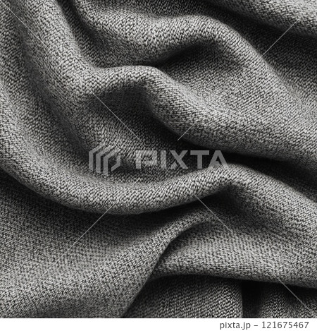 Fabric texture with a tight weave and soft folds in neutral gray tones 121675467