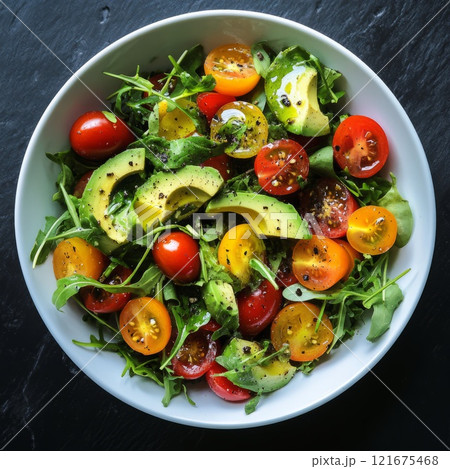 Fresh salad - a crisp mix of greens, avocado, bright cherry tomatoes, and drizzles of olive oil 121675468
