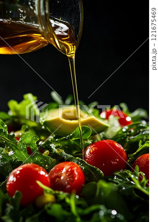 Fresh salad - a crisp mix of greens, avocado, bright cherry tomatoes, and drizzles of olive oil 121675469