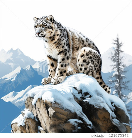 Majestic Snow Leopard Perching on a Rocky Pinnacle in a Snowy Landscape 121675542
