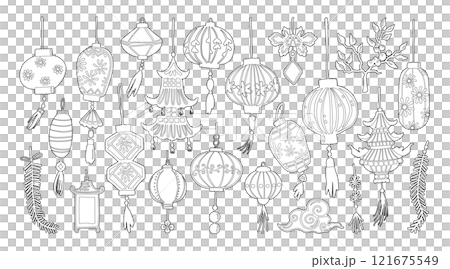 Set of isolated Chinese New Year decoration elements, lanterns, in minimal hand-drawn doodle illustration style on a transparent background. Volume 1: black outline with white plain. Set of isolated Chinese New Year decoration elements, lanterns, in minimal hand-drawn doodle illustration style on a transparent background. Volume 1: black outline with white plain. 121675549