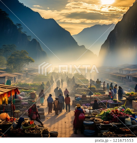 Colorful and bustling local market in Cusco with Machu Picchu in the background Colorful and bustling local market in Cusco with Machu Picchu in the background 121675553