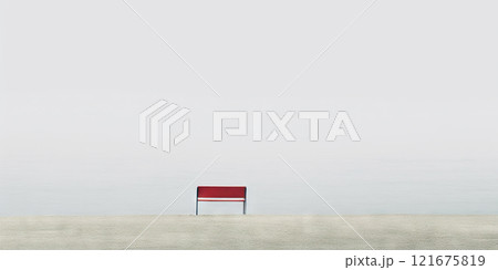 Minimalistic loneliness concept. Red bench and misty sea. Generative AI 121675819