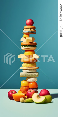 Equilibrium food balance diet concept. Balancing pyramid or tower of fruits. Generative AI Equilibrium food balance diet concept. Balancing pyramid or tower of fruits. Generative AI 121675882