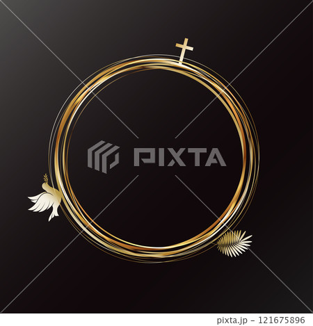 Golden circles with a cross, a dove of peace and plant leaves 121675896