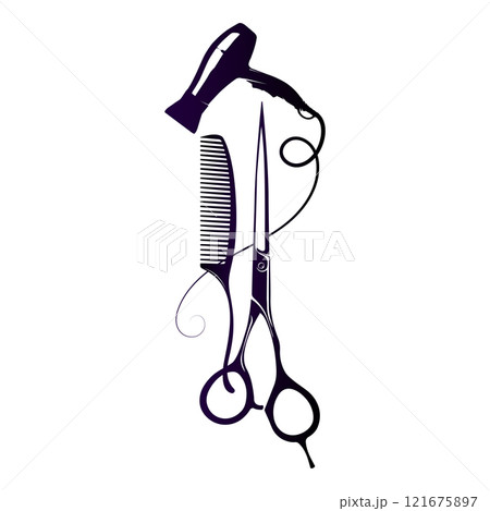 Hair stylist hair dryer scissors and comb 121675897