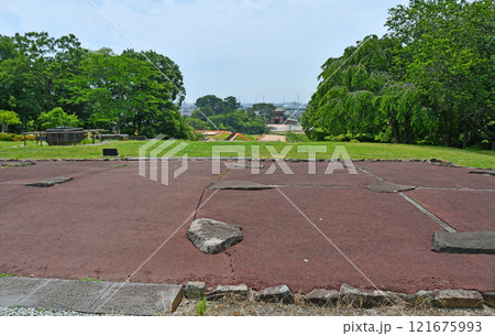 宮城県　多賀城跡　政庁　正殿跡から、見下ろす再建中の南門 121675993