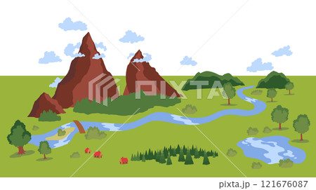 Hiking travel on map. Searching right direction, travelling in mountains. Outdoor recreation, flat vector illustration isolated 121676087