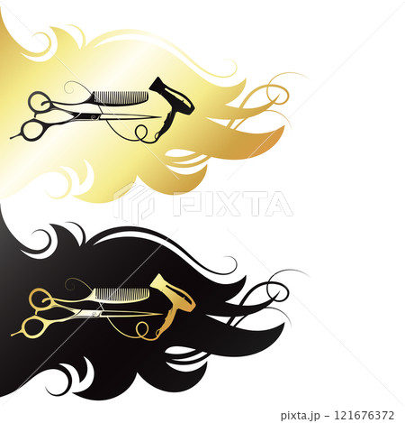 Black and gold hair curls scissors comb. Beauty salon symbol 121676372