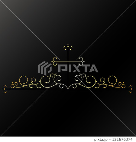 Cross and plant pattern, gold frame, Christian faith 121676374