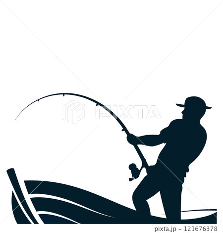 Silhouette of a fisherman with a fishing rod in a boat, a symbol for fishing Silhouette of a fisherman with a fishing rod in a boat, a symbol for fishing 121676378