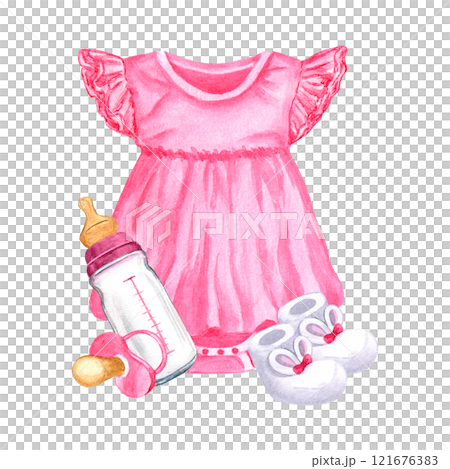 Pink newborn baby girl things, body dress, nipple pacifier, booties, milk bottle. For gender reveal party, baby shower. Hand drawn watercolor illustration on white background. For cards, invitation. 121676383