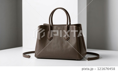 Elegant beige leather handbag on a white table 121676458