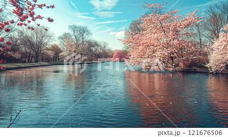 Cherry blossom trees line the pond, creating a serene atmosphere as their petals float gently on the water under a bright blue sky Cherry blossom trees line the pond, creating a serene atmosphere as their petals float gently on the water under a bright blue sky 121676506