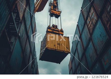 Industrial crane transports cargo containers at the port, serving the import and export logistics of freight shipping Industrial crane transports cargo containers at the port, serving the import and export logistics of freight shipping 121676524