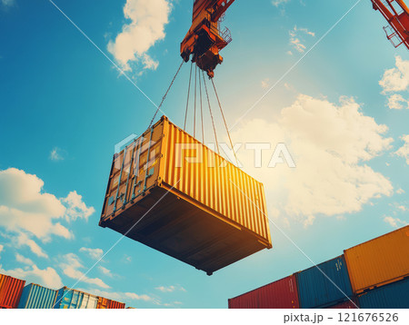 Crane hoists a yellow cargo container at a bustling port, supporting import and export logistics under a bright sky Crane hoists a yellow cargo container at a bustling port, supporting import and export logistics under a bright sky 121676526