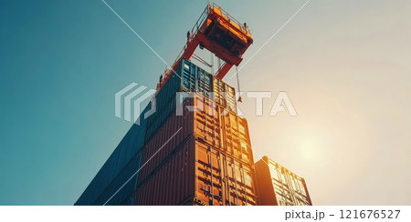 Industrial crane maneuvers to lift cargo containers at the port, facilitating loading onto a cargo vessel for global trade Industrial crane maneuvers to lift cargo containers at the port, facilitating loading onto a cargo vessel for global trade 121676527