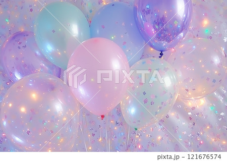 Pastel balloons with sparkling lights for a festive celebration 121676574