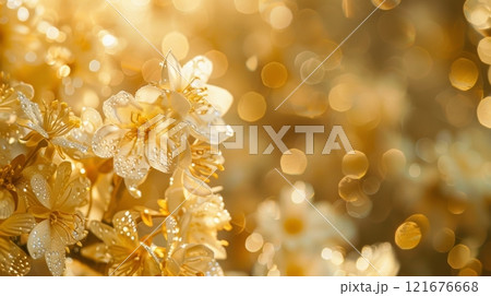 Delicate golden flowers are adorned with shimmering dew drops, capturing the soft light and creating a tranquil atmosphere in a lush garden during the spring season 121676668
