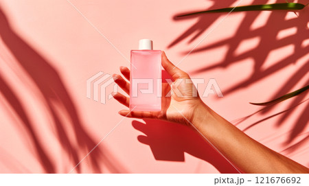 A hand presents a clear pink bottle in an artistic display against a soft pink backdrop. Shadows from nearby leaves create an intriguing visual effect A hand presents a clear pink bottle in an artistic display against a soft pink backdrop. Shadows from nearby leaves create an intriguing visual effect 121676692