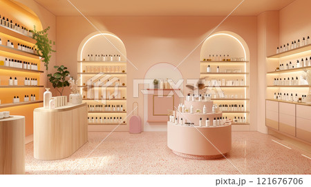 This skincare boutique features pastel walls and illuminated shelves stocked with beauty products, offering a serene shopping experience 121676706