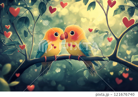 A charming Valentine's Day postcard with two lovebirds perched on a tree branch, surrounded by hearts, evoking feelings of love and togetherness A charming Valentine's Day postcard with two lovebirds perched on a tree branch, surrounded by hearts, evoking feelings of love and togetherness 121676740