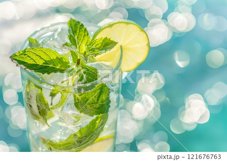 A refreshing mojito cocktail is served in a glass, garnished with fresh mint leaves and lime wedges, the sparkling drink, with crushed ice and bubbles, invites a taste of cool, zesty delight 121676763