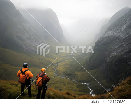 Two adventurers wearing safety gear standing on a misty cliff Two adventurers wearing safety gear standing on a misty cliff 121676864