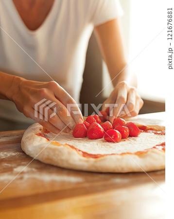 Hands arranging cherry tomatoes on pizza dough in a sunlit kitchen setting 121676881