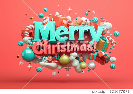 Bold lettering of Merry Christmas stands out against a vibrant background filled with ornaments and presents. The festive arrangement creates a joyful holiday atmosphere. 121677071
