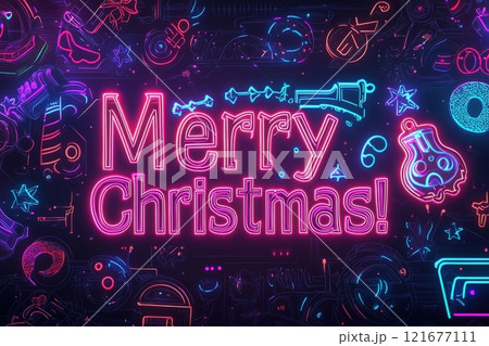 A colorful neon display showcases the greeting Merry Christmas with playful festive elements. The bright lights create a cheerful atmosphere, perfect for celebrating the holiday season. 121677111
