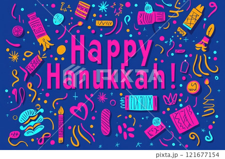 Colorful decorations fill the background, featuring cheerful designs and symbols of Hanukkah. The phrase Happy Hanukkah! stands out prominently, capturing the festive spirit. 121677154