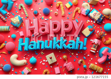 A vibrant display featuring the phrase Happy Hanukkah surrounded by various colorful gifts and decorations. The joyful arrangement captures the spirit of the holiday celebration. 121677155
