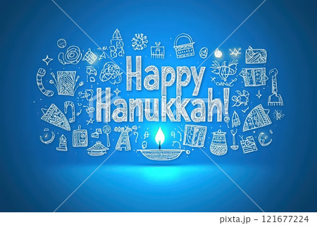 Colorful illustrations celebrate Hanukkah, featuring a menorah, dreidels, and traditional symbols. The cheerful display radiates a joyful atmosphere, capturing the spirit of the holiday. Colorful illustrations celebrate Hanukkah, featuring a menorah, dreidels, and traditional symbols. The cheerful display radiates a joyful atmosphere, capturing the spirit of the holiday. 121677224