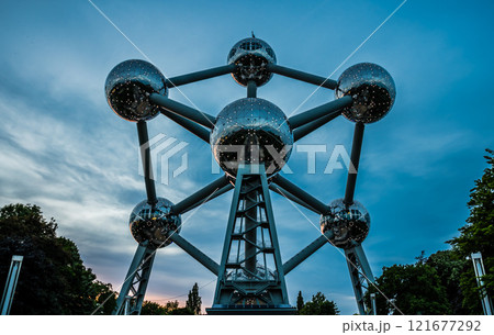 The Atomium monument by night with led light decorations and a blue sky, Brussels Capital Region, Belgium The Atomium monument by night with led light decorations and a blue sky, Brussels Capital Region, Belgium 121677292